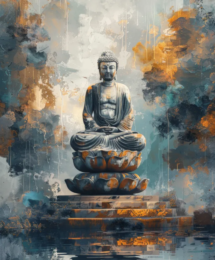 A serene statue of Lord Buddha in deep meditation seated on a lotus throne surrounded by abstract teal and gold washes. | PrintPosters.in